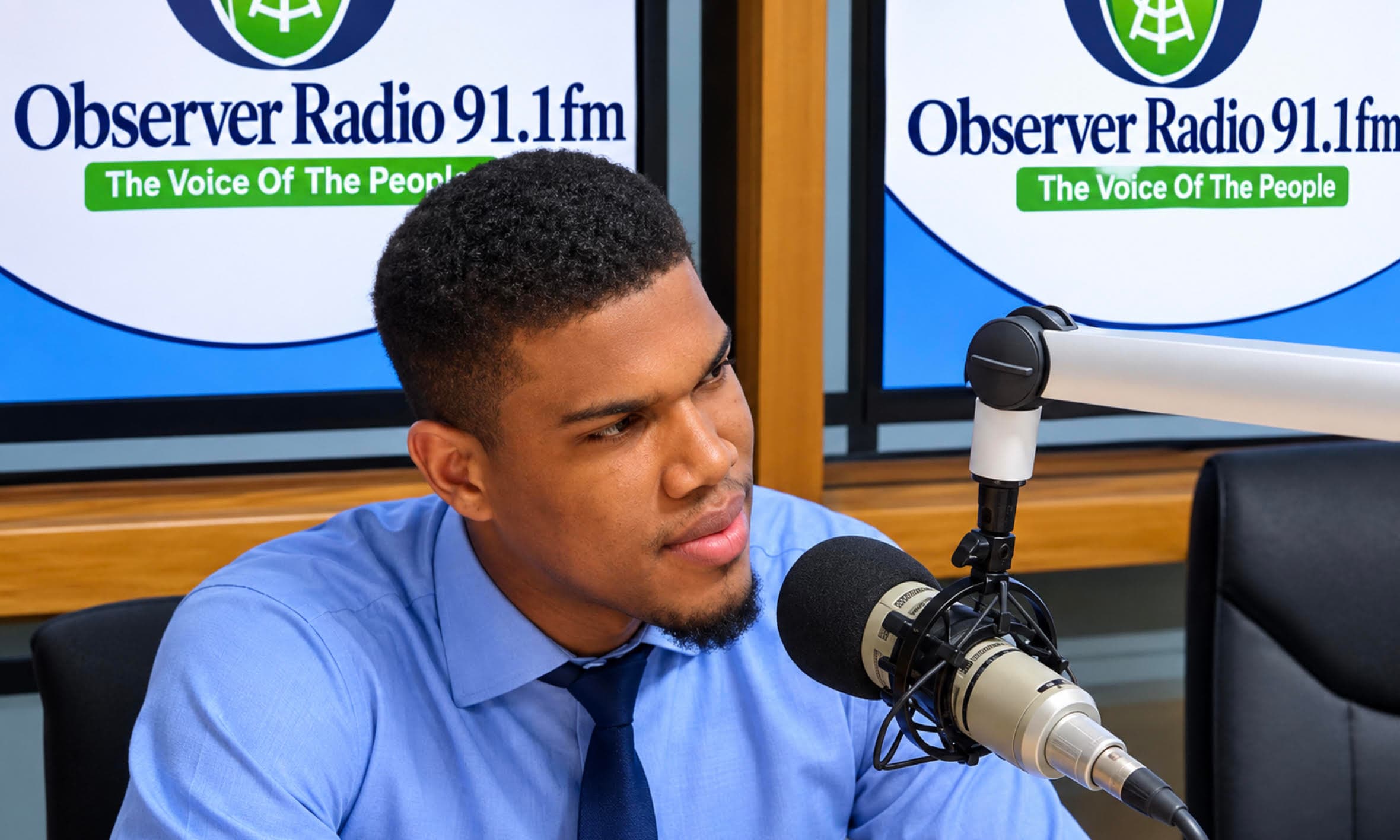 JW on Observer Radio in blue shirt and navy tie