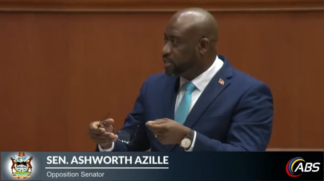 Ashworth Azille talking in parliament in blue suit and light blue tie with abs name tag and logo