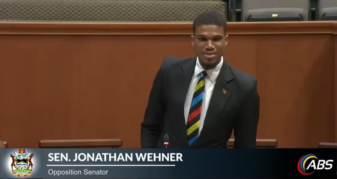 jonathan wehner talking in parliament with a slight smirk and antigua tie in white shirt and black suit